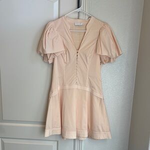 Simkhai Bessie Ruched Poplin Puff Sleeve Mini Dress in Almond